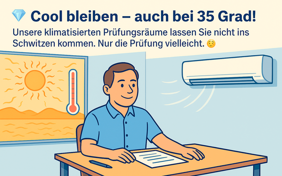 Illustration eines klimatisierten Prüfungsraums bei 35 °C. Ein Mann sitzt entspannt an einem Schreibtisch. Das gesamte Bild ist in Blautönen gehalten, mit Text: 'Cool bleiben – auch bei 35 Grad! Unsere klimatisierten Prüfungsräume lassen Sie nicht ins Schwitzen kommen. Nur die Prüfung vielleicht?
