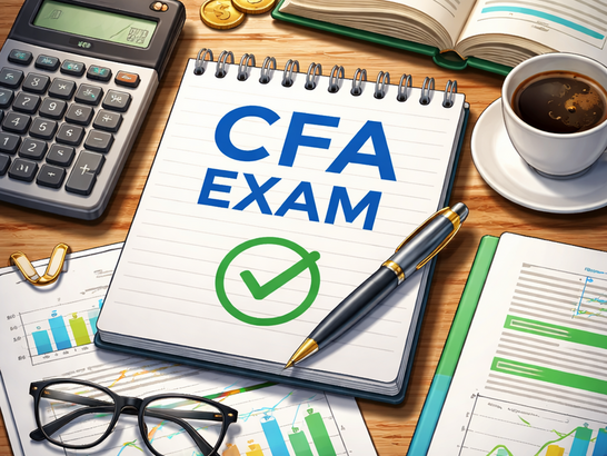 Das Bild zeigt einen Schreibtisch mit Notizblock, Kugelschreiber, Finanzdiagrammen, einem Lehrbuch, einem Taschenrechner, einer Brille sowie einer Tasse Kaffee. Auf dem Notizblock steht "CFA Exam". Darunter eine kreisförmige Auswahlbox die abgehakt ist. Es soll den Eindruck vermitteln hier hat sich jemand auf eine CFA Prüfung vorbereitet und ist bereit zur Prüfung anzutreten.